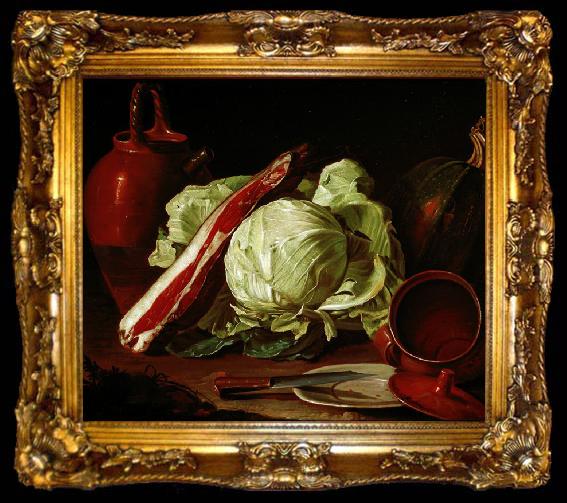 framed  Cristoforo Munari Vasellame di terracotta, zucca, verza, spalla di maiale e piatto con coltello Piatti, vasellame di coccio e di peltro, bistecca e galli, ta009-2